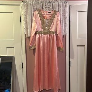 Cute satiny pink Kaftan dress with gold trim!